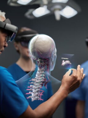 bác sĩ phẫu thuật đeo tai nghe Hololens 2 trong OR
